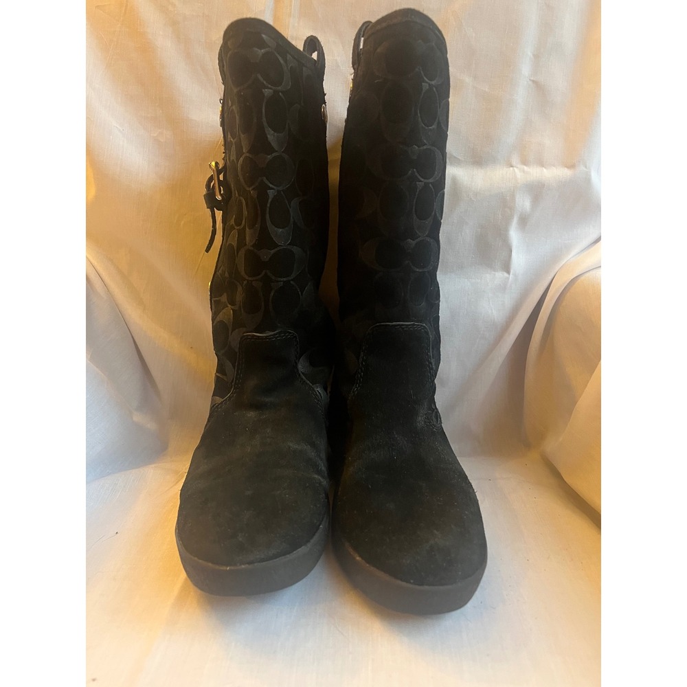 Coach Tullip Black Suede Signature Monogram Mid Calf Winter Boots Sz 8.5 EUC